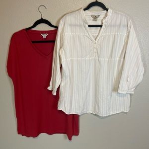 2 XL Tops | Woolrich Beige 3/4 Sleeve Henley Tunic & Orvis Red Dolman Sleeve Top